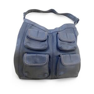 Banana Republic Black Leather Shoulder Bag Multiple Pockets Braided Strap Accent